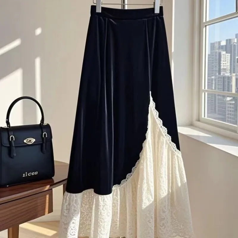 French Lace Velvet Women Skirt Patchwork A-line Autumn Winter Faldas Mujer Korean Fashion Elegant Retro Long Skirt 2025 New