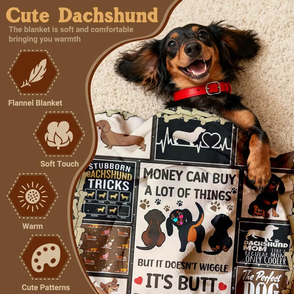 Dachshund Lovers Blanket, Cute Dog Mom Flannel Throw, Soft Warm Wiggle Dog Blanket for Sofa Bed, Pet Memorial Gift