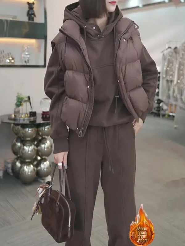 

Korean Style Fleece Lined Hoodie And Pants Set Thickened Warm Three Piece Women's Casual Wear for Autumn Winter