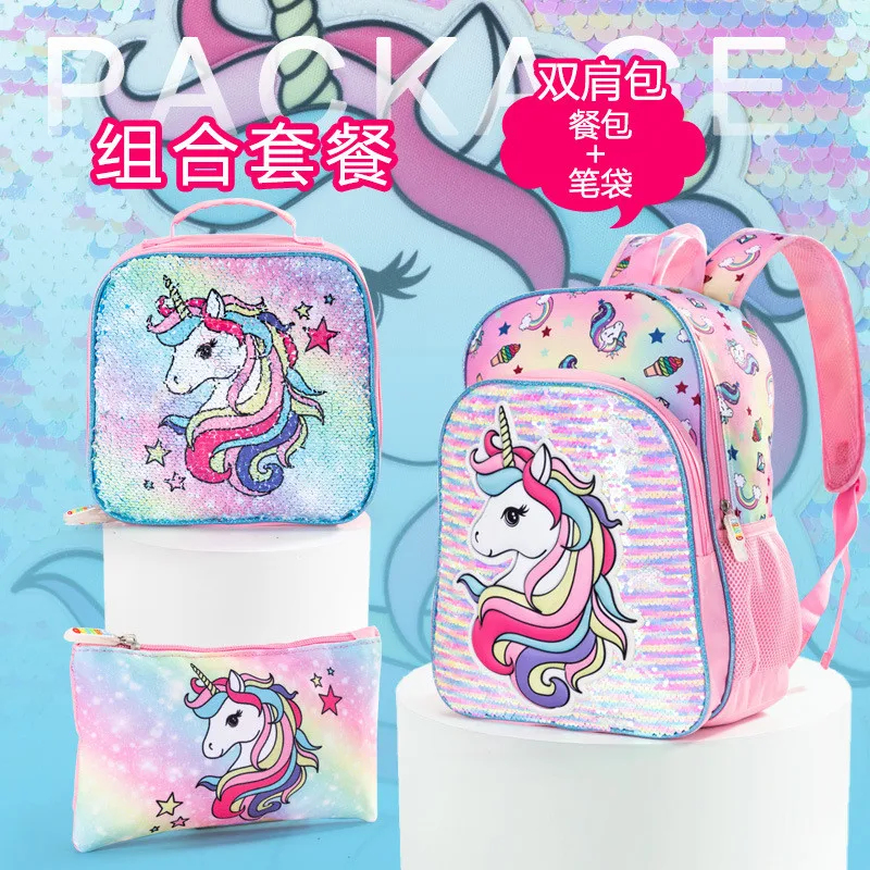 Girls Backpack 3 Piece Set Primary School Student School Bag Insulated Lunch Bag and Pencil Case Unicorn Sequin