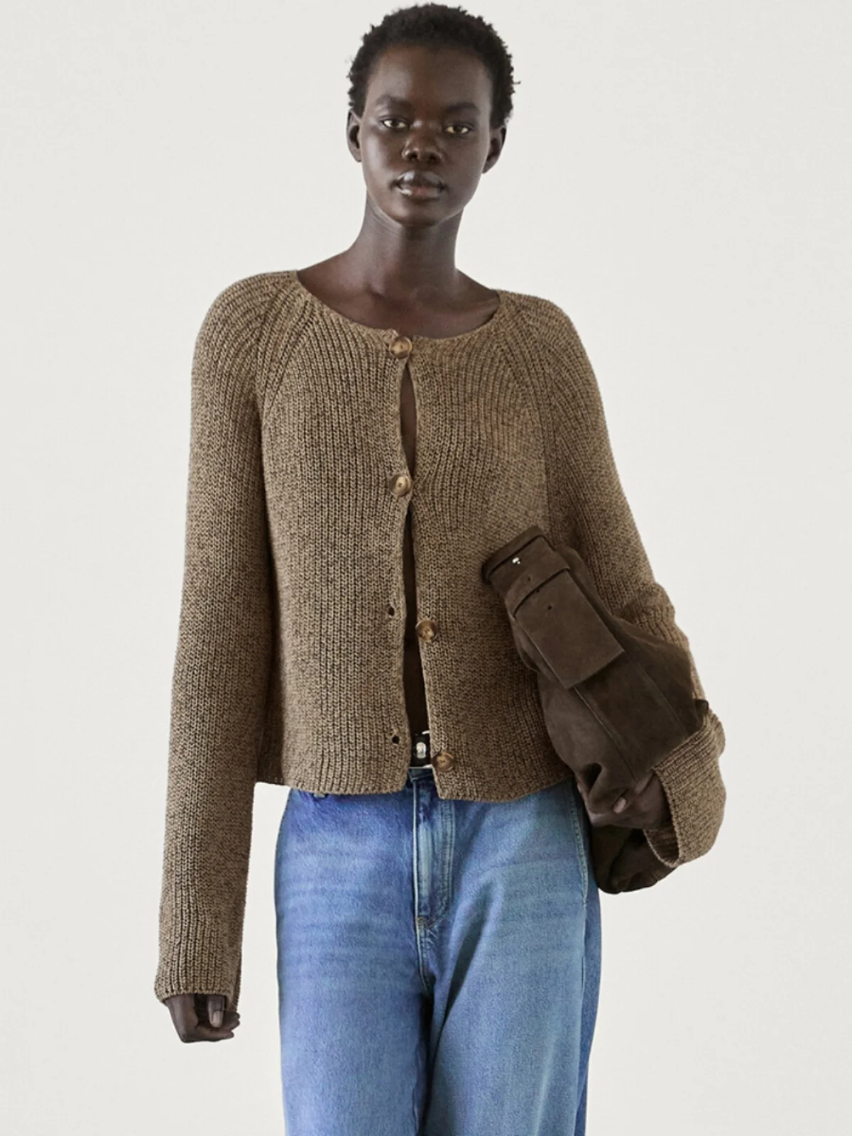 

Pure Cotton Knitted round Ne Open Front irt ort Outerwear Women's Faion Commute Sle Straight Cut Long Sve Buttoned