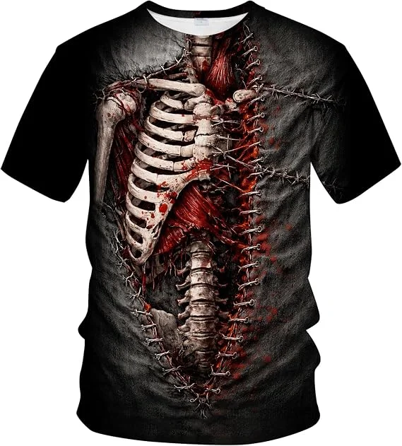 3D Printing Stitched Skeleton 3D Print T‑Shirt, Horror Blood Muscle Gothic Short Sleeve Street Top A Family Set