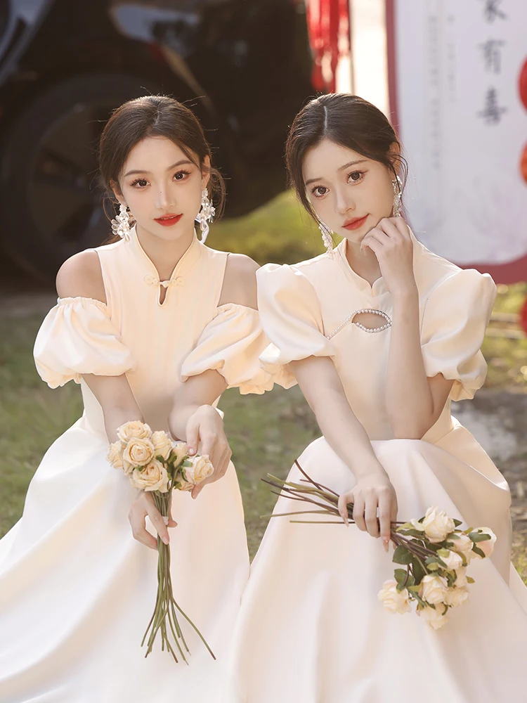 

Champagne Color Chinese Sle Maidsmaid Dr Ele Slimming Sister up Gown Women Spring Summer Seasonal Faionable