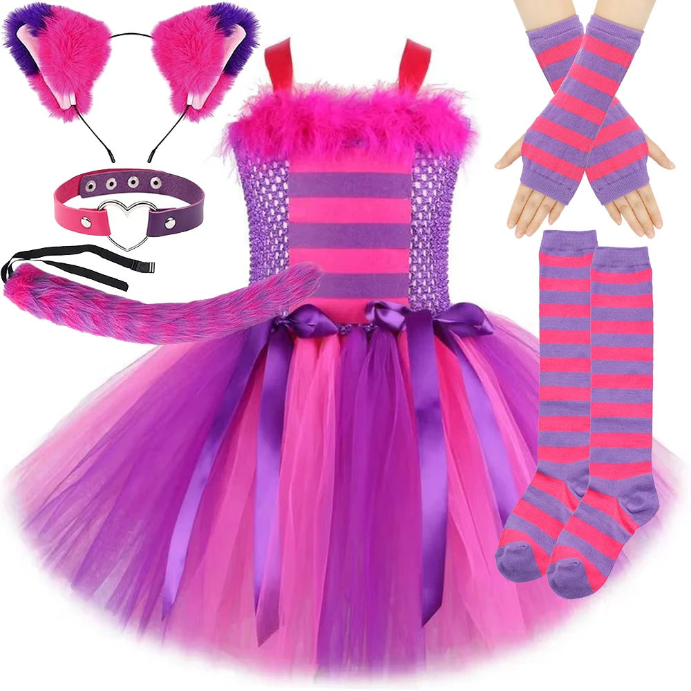 Hot Pink Purple Cat Costume for Girls Halloween Carnival Fancy Dress Kids Animal Cat Cosplay Outfit with Ears Bow Fluffy Tail