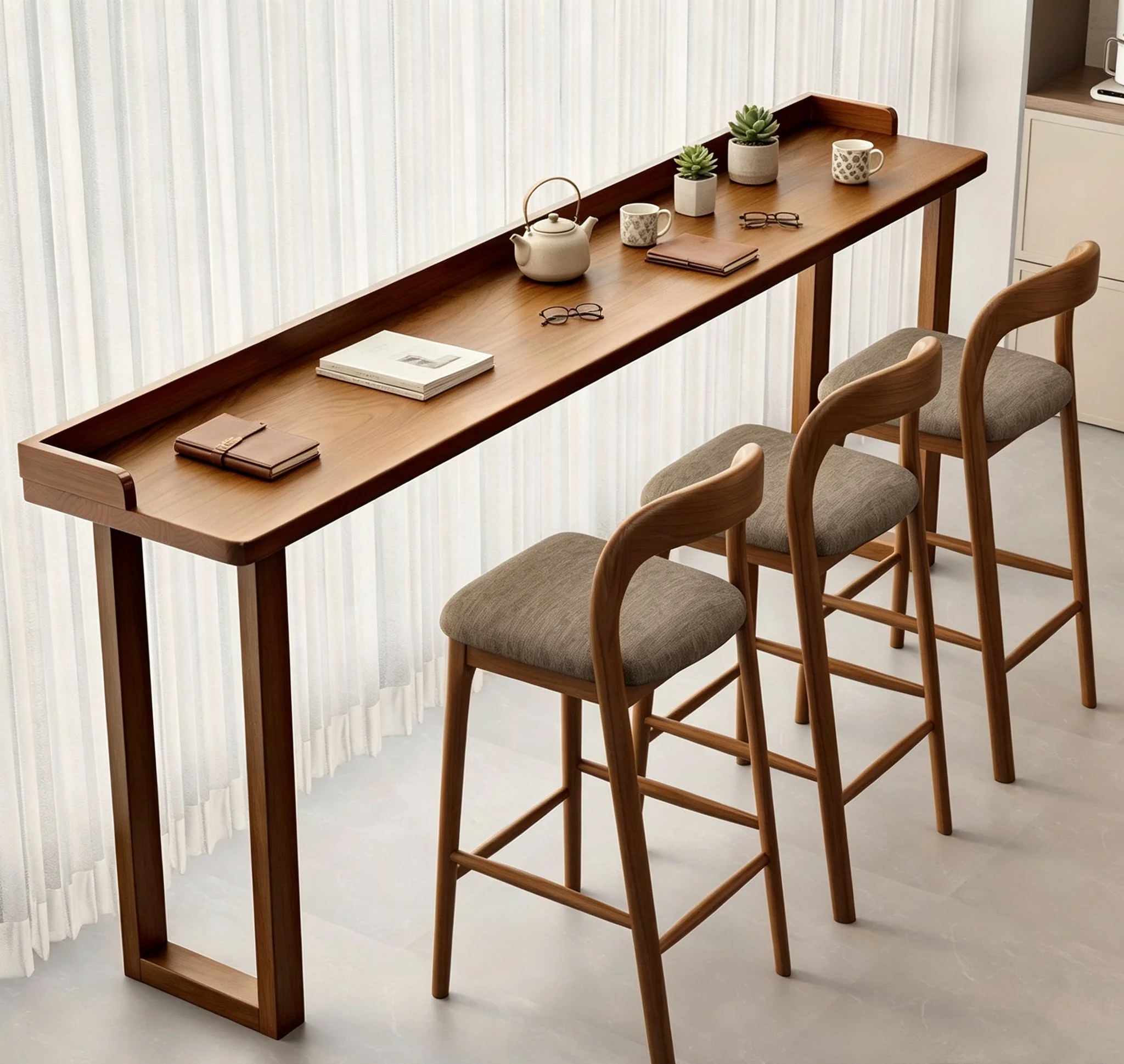 Solid Wood Bar Counter Table For Home Use, Cafe, And Bar, Window-side, With Backsplash, Long Table And Chair Set