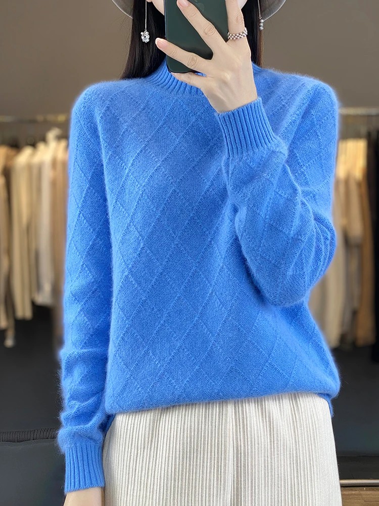 Long Sleeve Autumn Winter Sweater Mock Neck Solid Pullover 100% Merino Wool Grace Basic Cashmere Knitwear Korean Fashion Tops