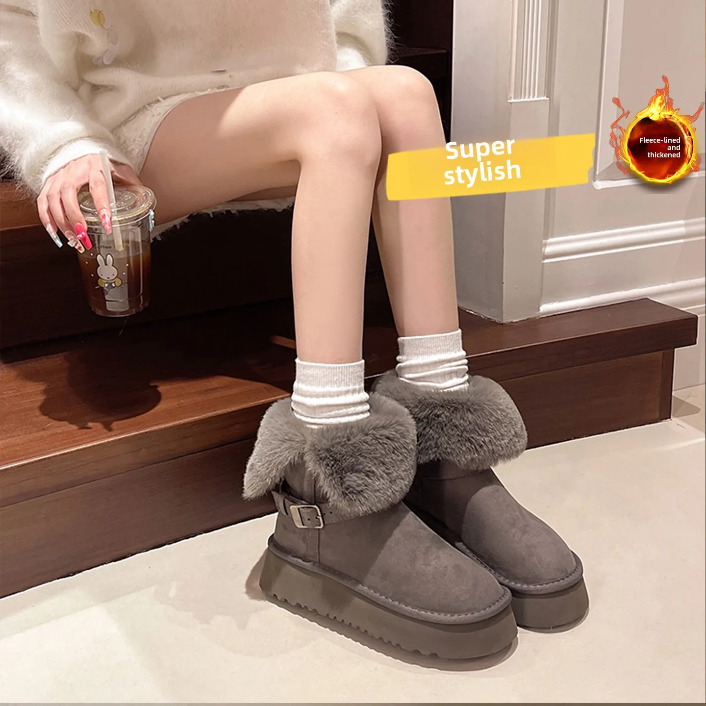 

Women's Mid-Calf Fur Lined Snow Boots Thi Bot Anti-Slip Winter Warm Cotton oes Faionable Korean Sle Metal Bule
