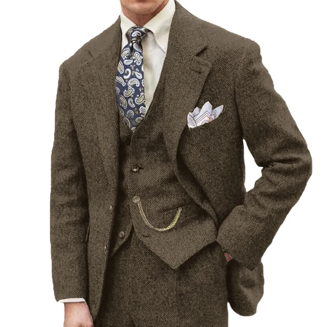 

3-х предметный серый/коричневый мужской твидовый свадебный костюм с узором «елочка», смокинги для выпускного, твид с пиковыми лацканами для бизнеса, приталенный крой (пиджак + жилет + брюки)