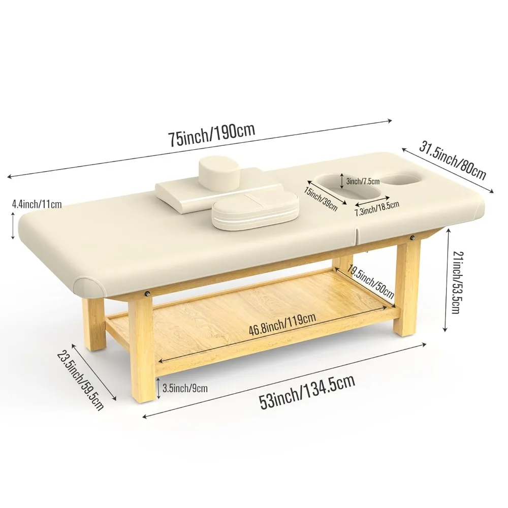Mesa de masaje estacionaria ancha de madera para mesa de tratamiento, mesa de fisioterapia, cama Facial de Spa, cuero PU de 31,5 pulgadas de ancho × 75 pulgadas de largo