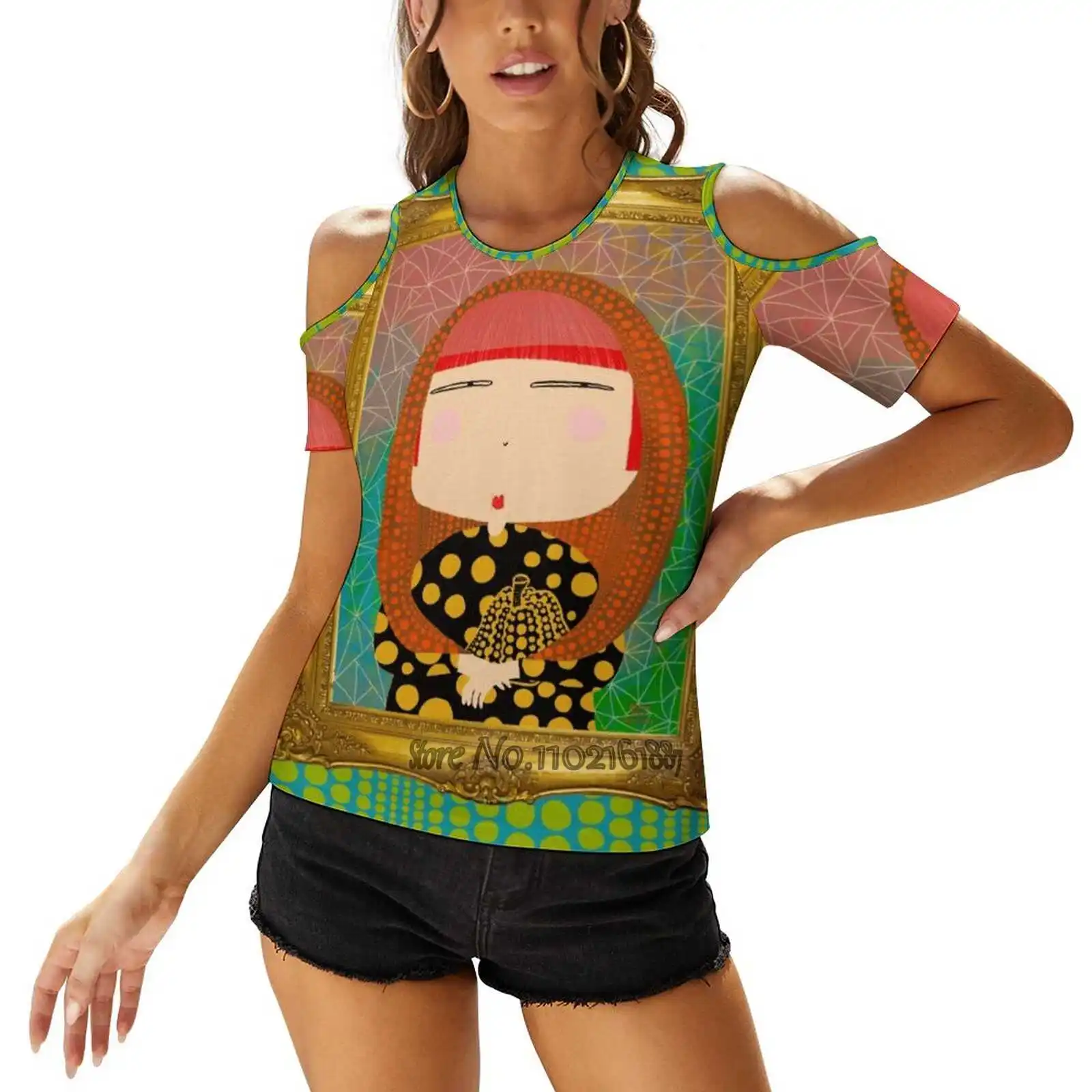 Yayoi Kusama X Mona Lisa Woman's Casual Sexy T-Shirt One Shoulder Lacing T Shirts Elegant Beach Party Tops Yayoi Kusama Mona