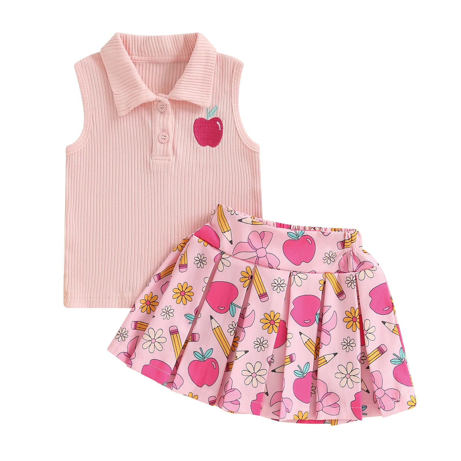 2-7Y Kids Girl Back to School Outfit Apple Embroidery Lapel Tank Tops and Pleated Skirt Set for Toddler Summer Clothes