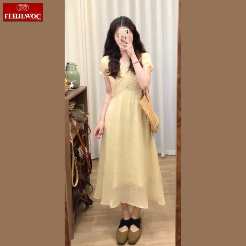 Abiti lunghi dal design francese Nuova moda estiva manica corta scollo a V pizzo giallo retrò vintage chic abito camicia di lino coreano