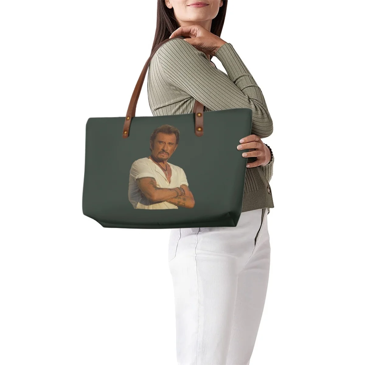 Johnny Hallyday Pattern for Women Cartoon Work Handbags Large Capacity  Travel Shoulder Bags PU Leather Carry Bag Custom Image