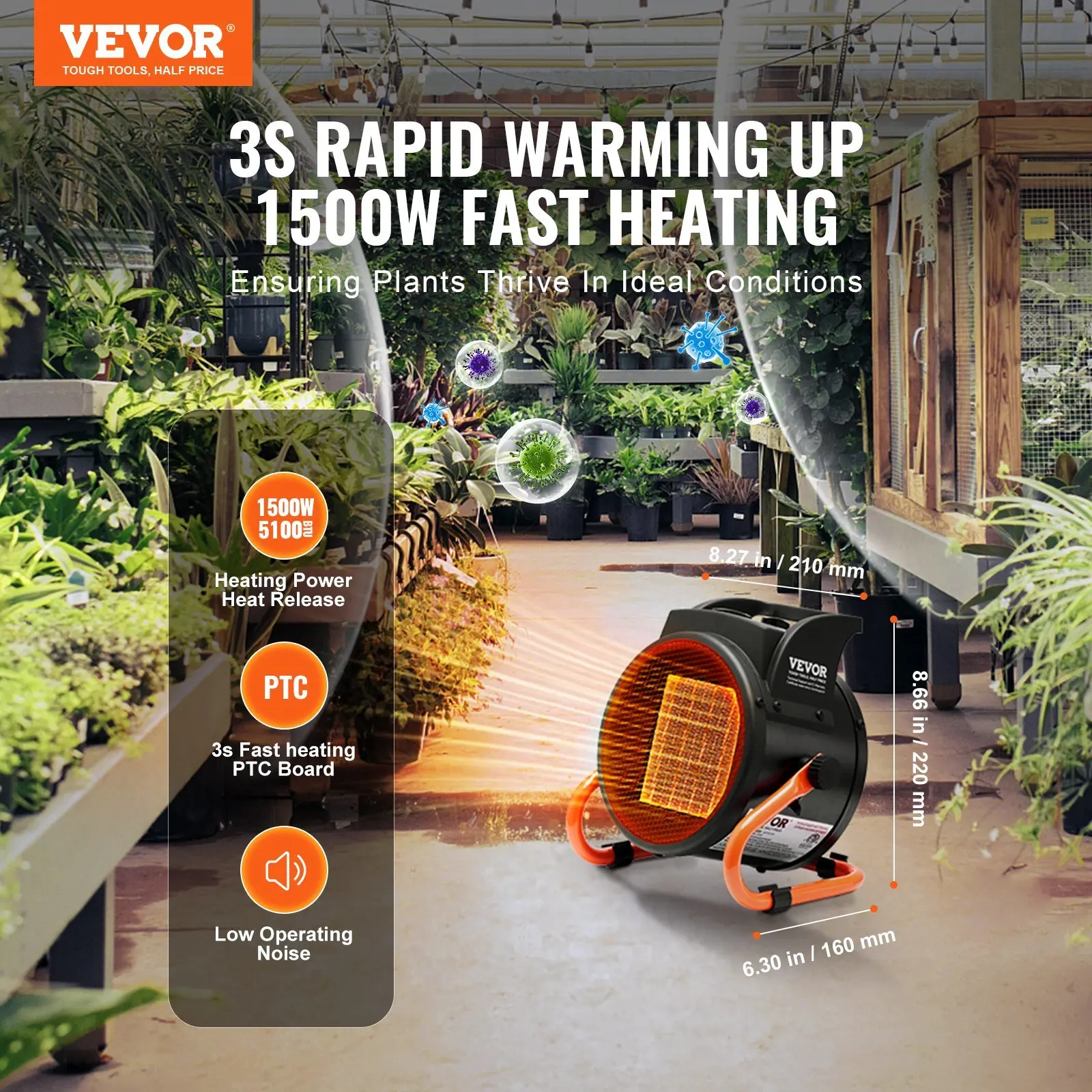 Greenhouse Heater, 1500W PTC Fast Heating with Overheat Protection, 3-Speed Setting Small Grow Tent Heater