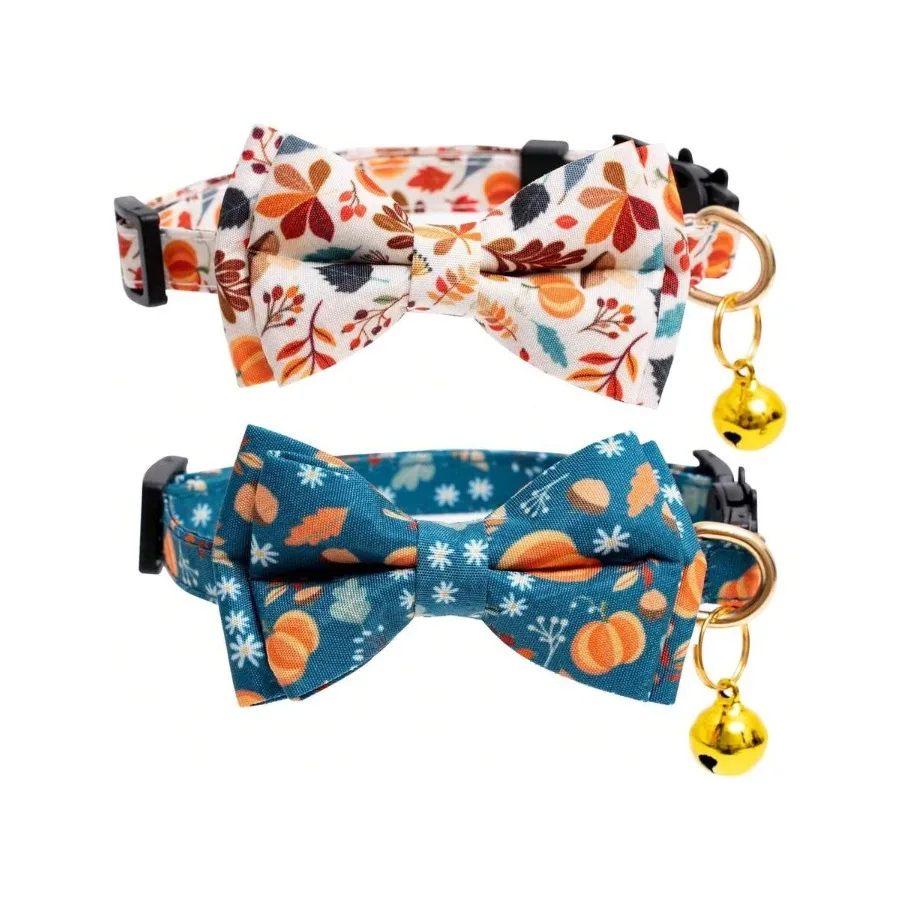 

2 Pack Cotton Fall Cats Collar With Bow Tie Orange Green Cat Collars For Girl Female Boy Male Cat Collar With Bell Halloween Co