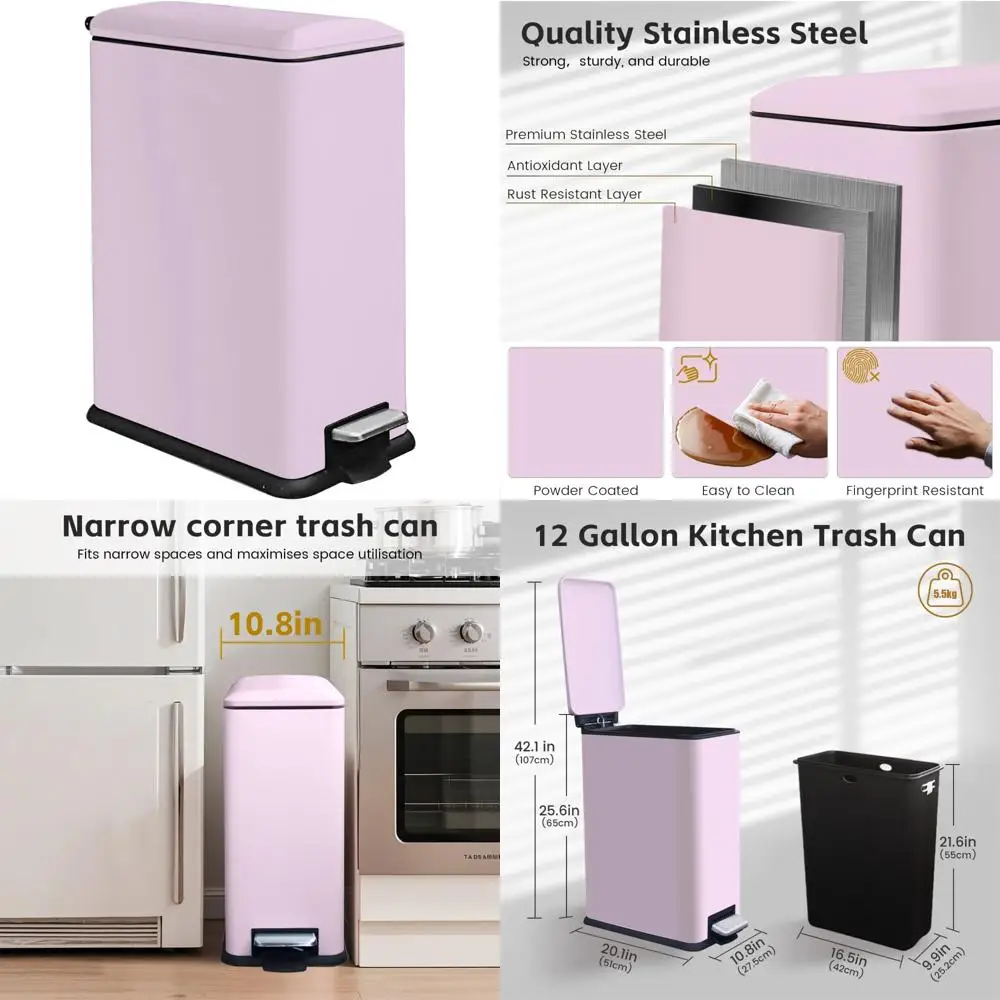 

Stainless Steel Slim Trash Can 12 Gallon with Soft Close Lid, Removable Bucket, Fingerprint Resistant, Odor Control, Pedal-Activ