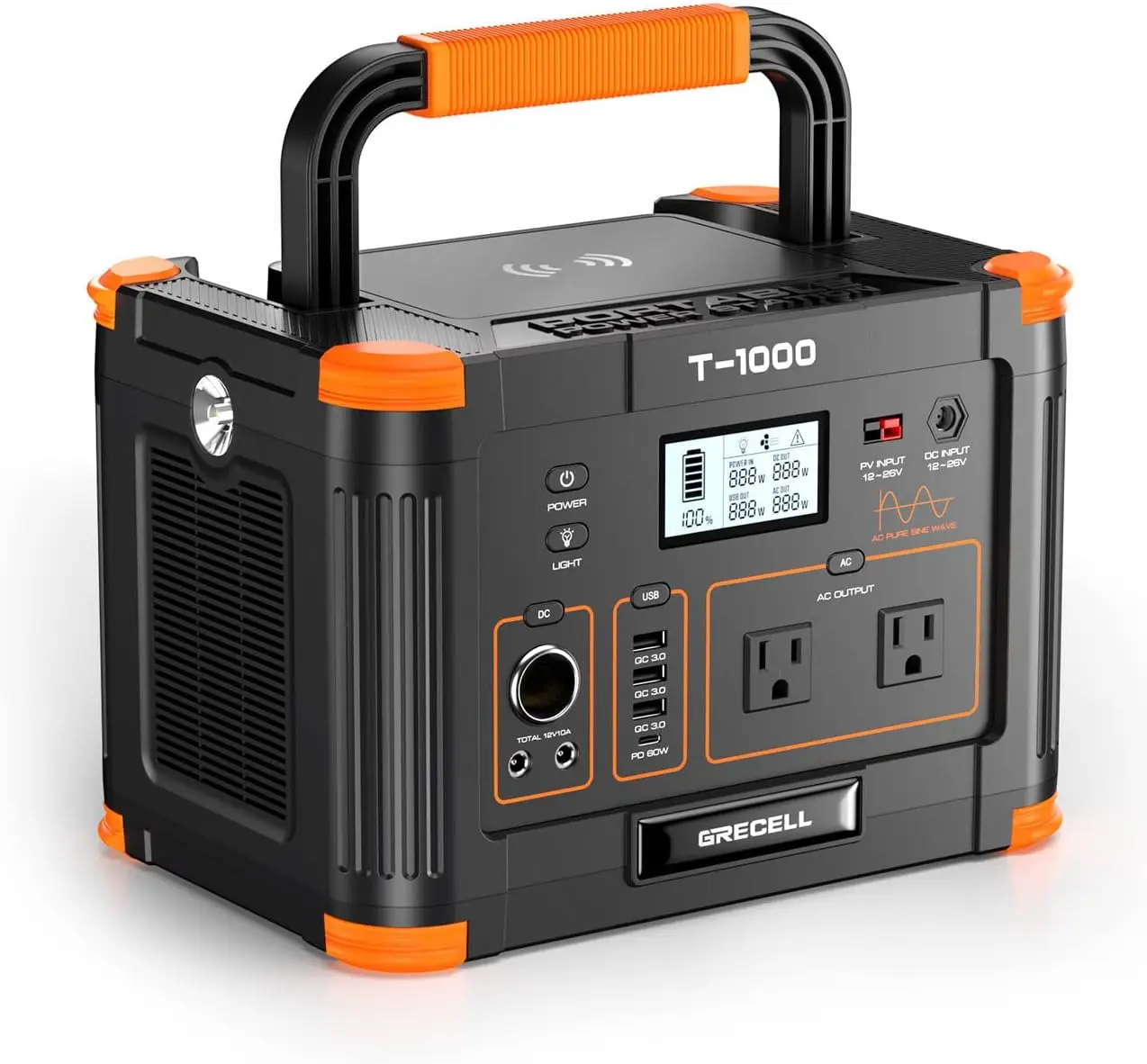 Portable Power Station 1000W, GRECELL 999Wh Solar Powered Generator with 110V AC Outlet, PD 60W Fast Charging Backup Lithium