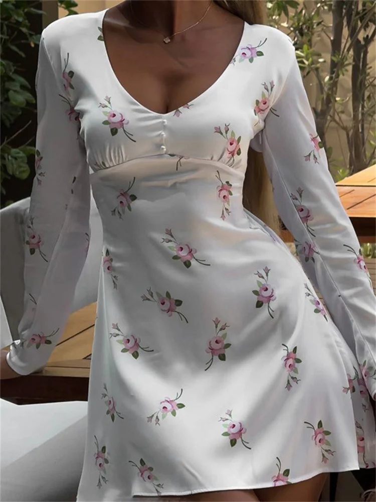 Tossy branco impresso com decote em v mini vestido feminino manga longa elegante contraste fino cetim commute vestido fino feminino vestido de festa 2025