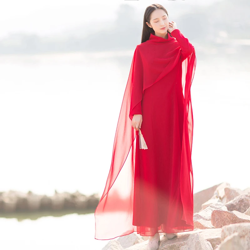 

ibai Thiened Woolen High Collar Long Dr Chinese Sle Women's Faion Autumn Winter Vintage Robe Travel Photoaphy