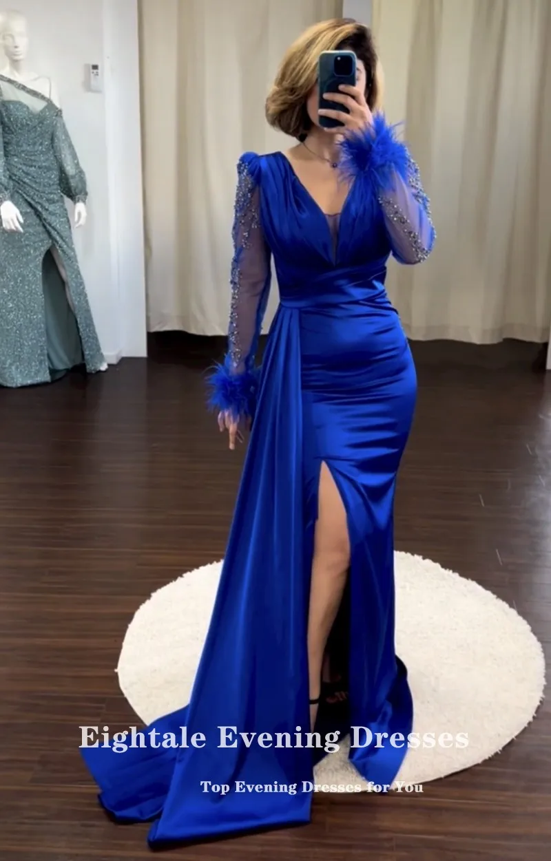 Eightale Royal Blue Evening Dress for Wedding Party V-Neck Satin Beaded Long Sleeves Arabic Dubai Prom Gowns Feather Celebrity