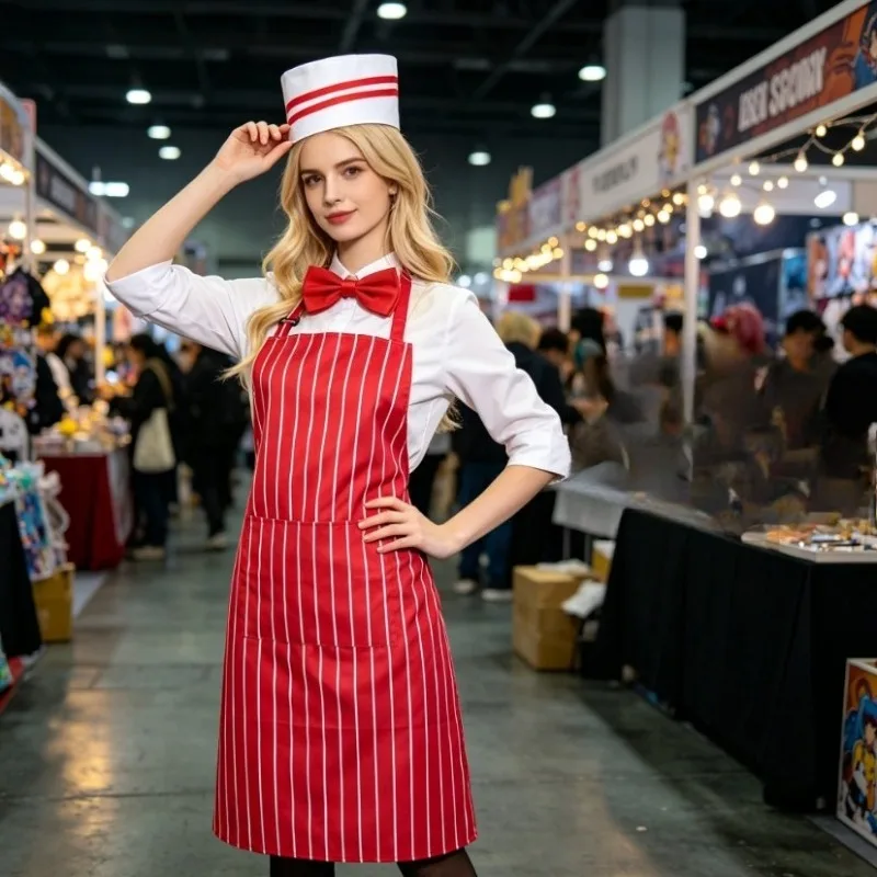Conjunto de disfraz de camarero y camarera vintage de los años 50, delantal a rayas rojas y blancas, sombrero, corbata de lazo, uniforme de hotel y restaurante para fiesta de cosplay