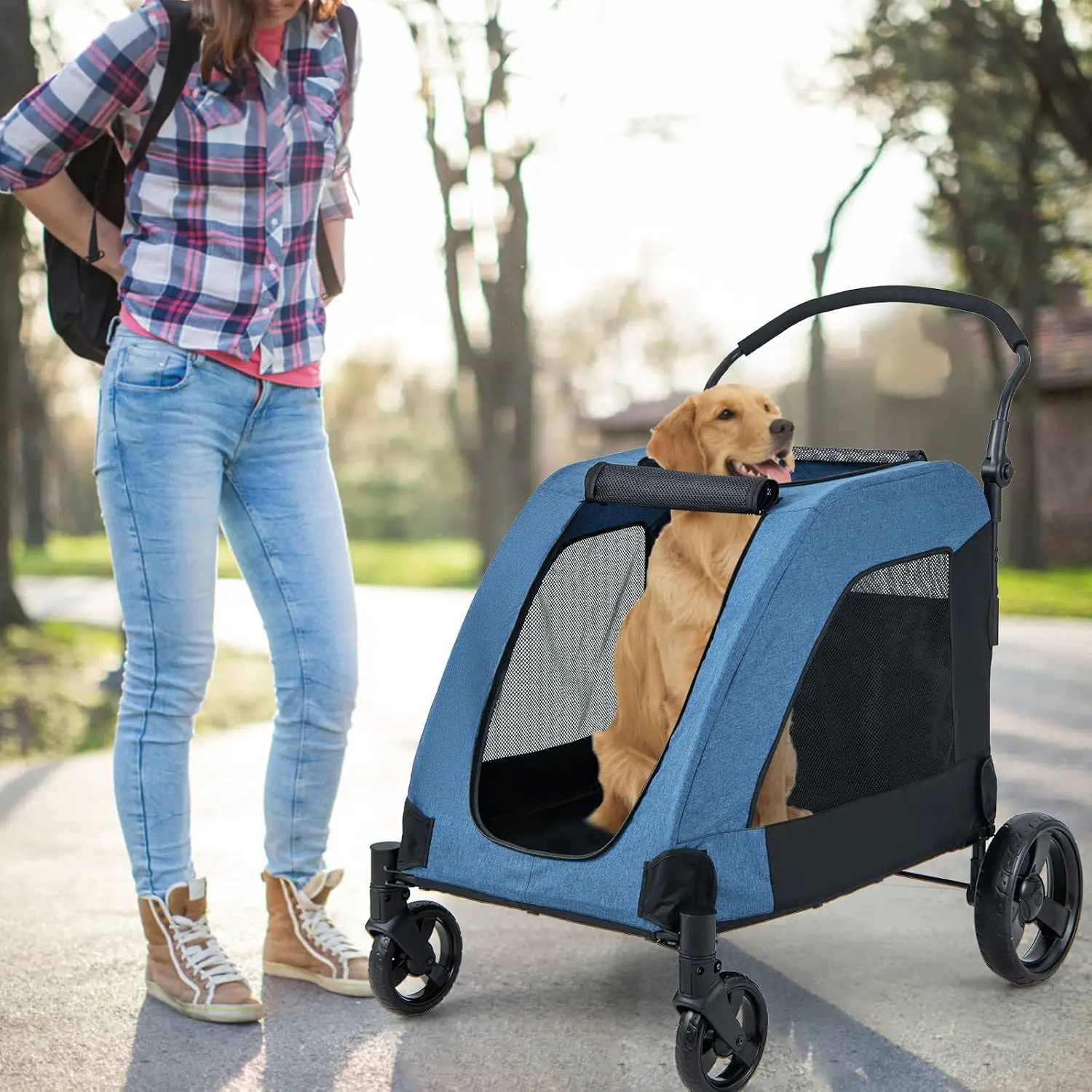 Passeggino per cani di taglia grande - Passeggino extra large per cani anziani, cintura di sicurezza, impugnatura regolabile, imbottitura rimovibile, pieghevole