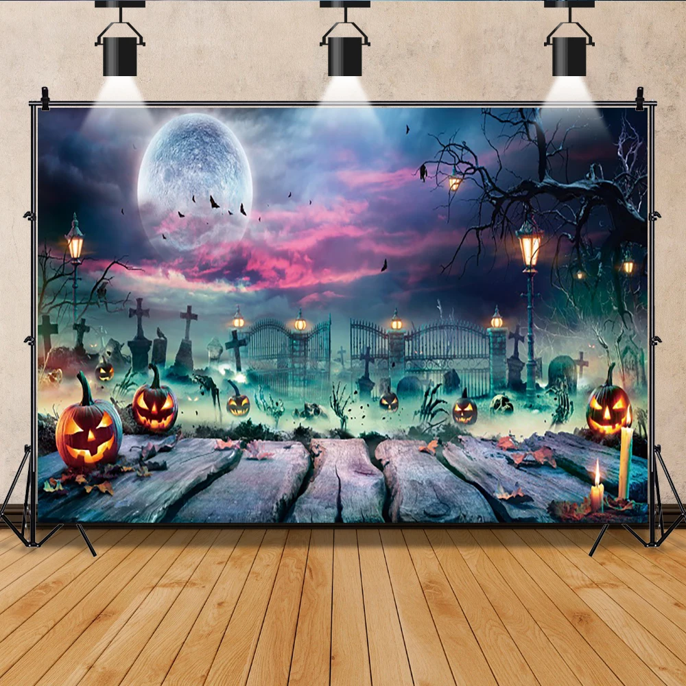 Laeacco Happy Halloween Party Photography Backdrop Horror Full Moon Pumpkin Haunted Cemetery Bat Kids Child Portrait Background