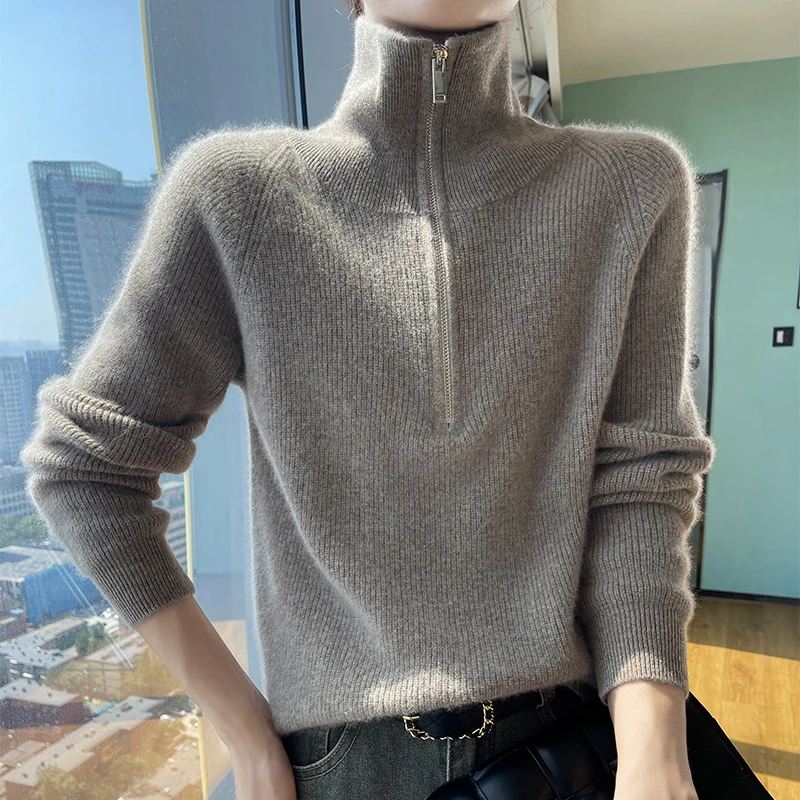 Autumn and winter 100 pure cashmere sweater women\'s high lapel zipper solid color pullover long sleeve wool knitted bottoming sh