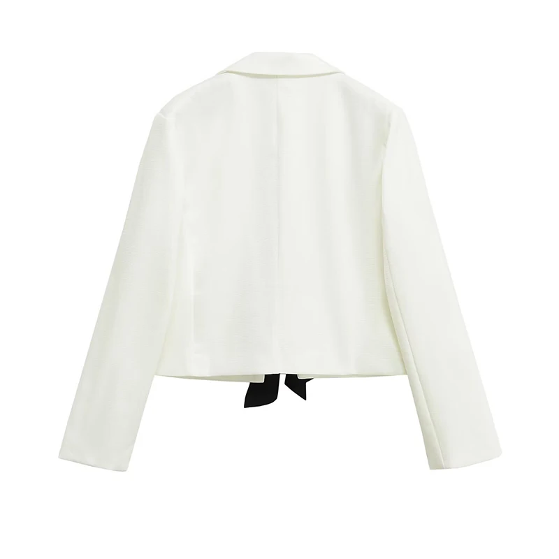 YENKYE Contrasting Bow White Crop Blazer For Women Long Sleeve Lapel Collar Elegant Party Suit Jacket  Chic Lady Outfits