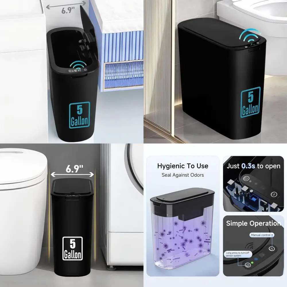 

5-галлонный автоматический бесконтактный мусорный бак с крышкой, умная корзина для мусора для компактных помещений, идеально подходит для дома и офиса (черный)