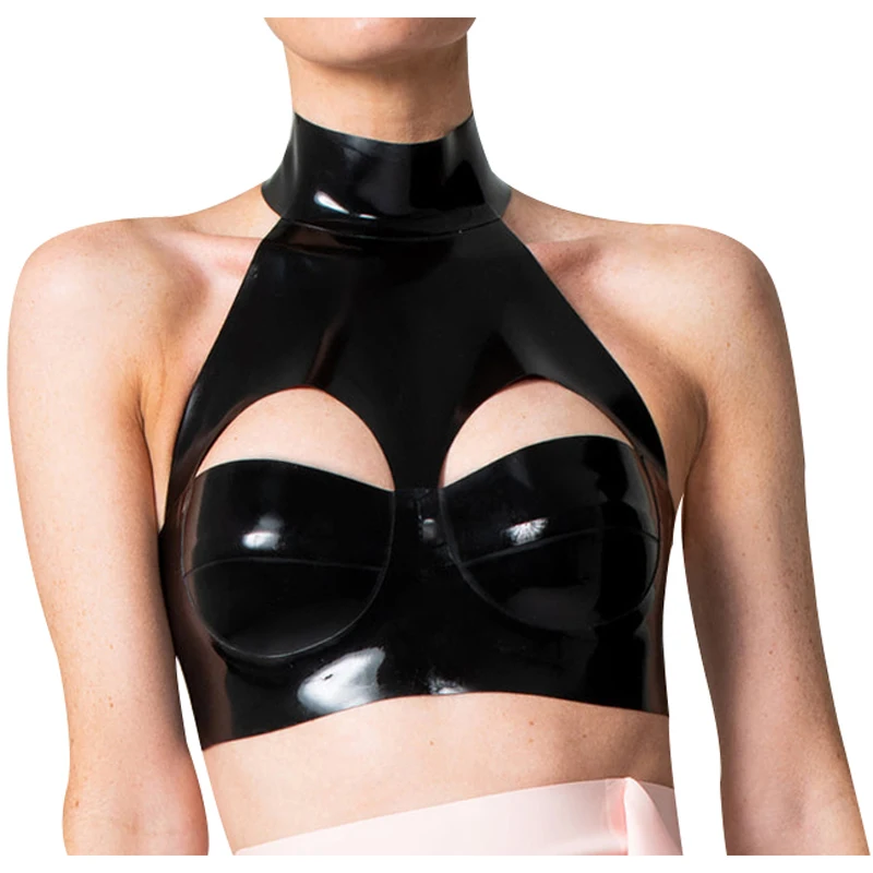 

Black Sexy Latex Crop Top Open Holes Buttons At Back Rubber Bra Lingerie YF-0325