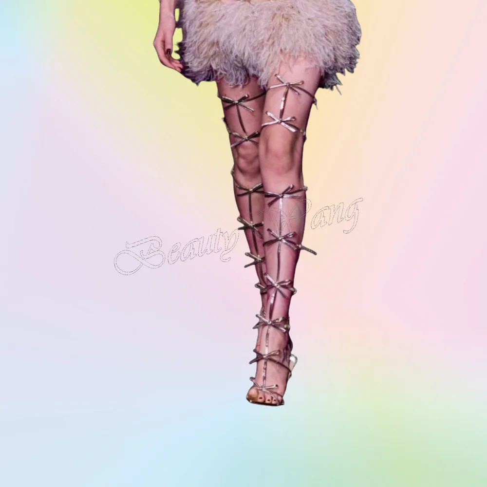 

Silver Front Bow Knot Sandal Boots Open Toe Shoes Thigh High Thin High Heel Shoes for Women Shoes 2025 Zapatos Para Mujere