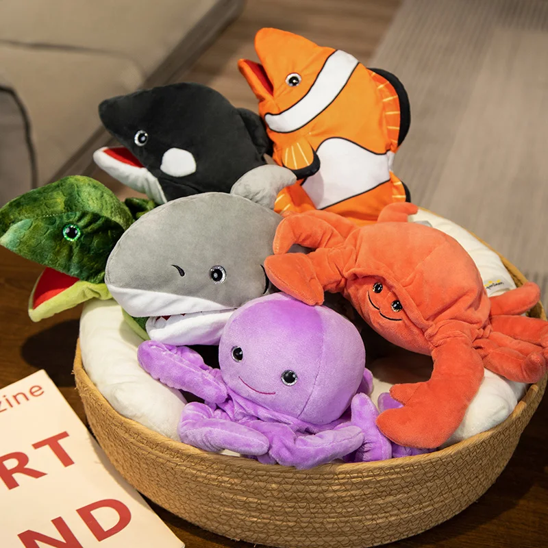 Big Size Kawaii Octopus Shark Clownfish Tortoise Hand Puppet Plush Dolls Stuffed Marine Animals Killer Whale Children Funny Gift