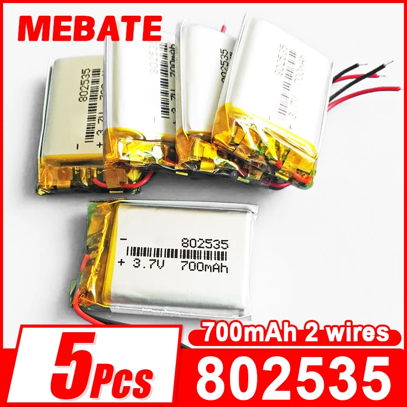 5pcs 802535 3.7V 700mAh Rechargeable battery lion polymer lithium cells for GPS DVD bluetooth recorder Speaker E-book
