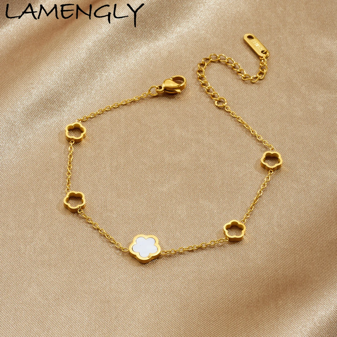 LAMENGLY 316L Stainless Steel White Shell Inlay Hollow Out 5-Leaf Flower Charm Bracelet Women Elegant Trend Hand Chain Jewelry