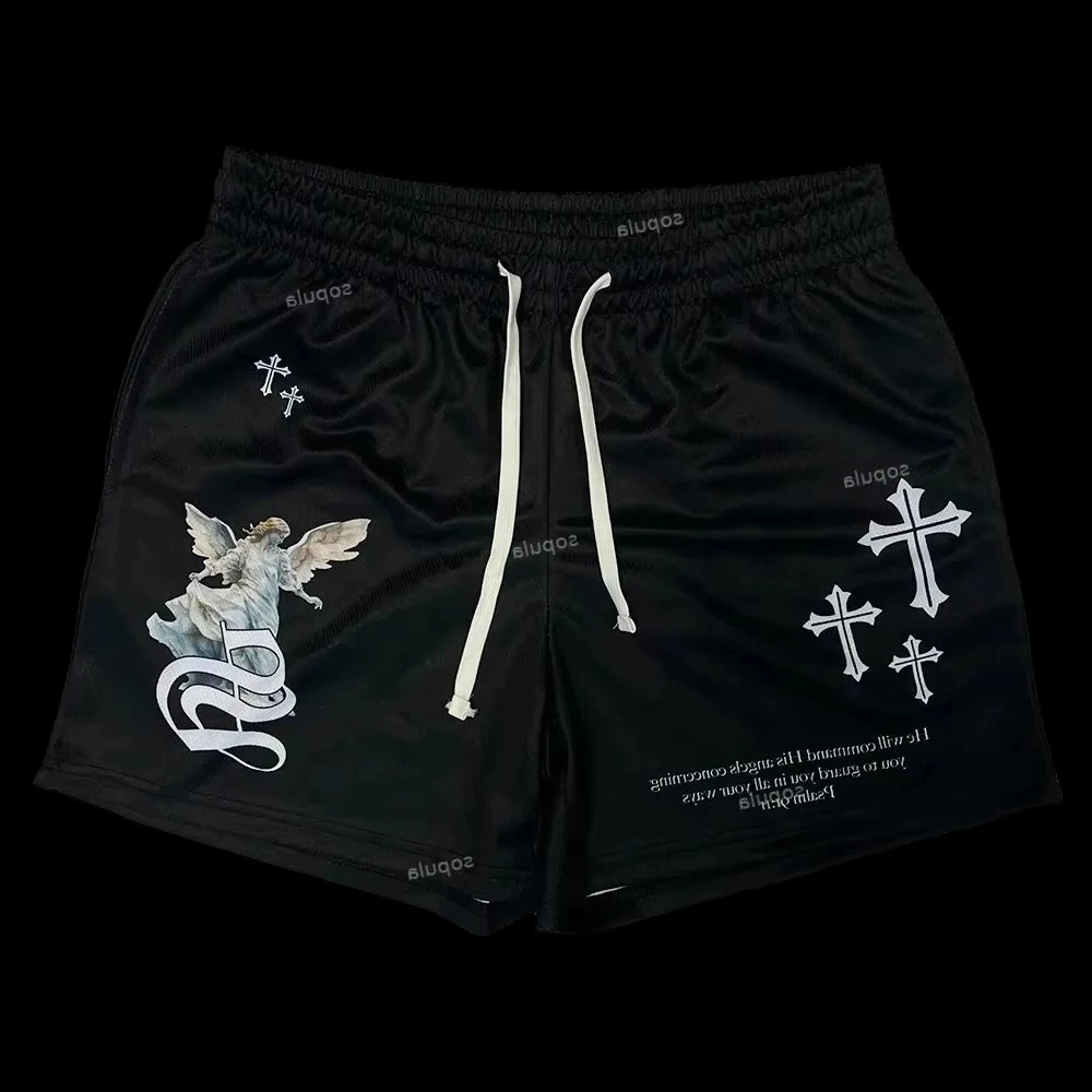 Vintage Guardian Angel Pattern Print Shorts Summer Shorts Training Breathable Fashionable Shorts Quick-drying Streetwear Moto