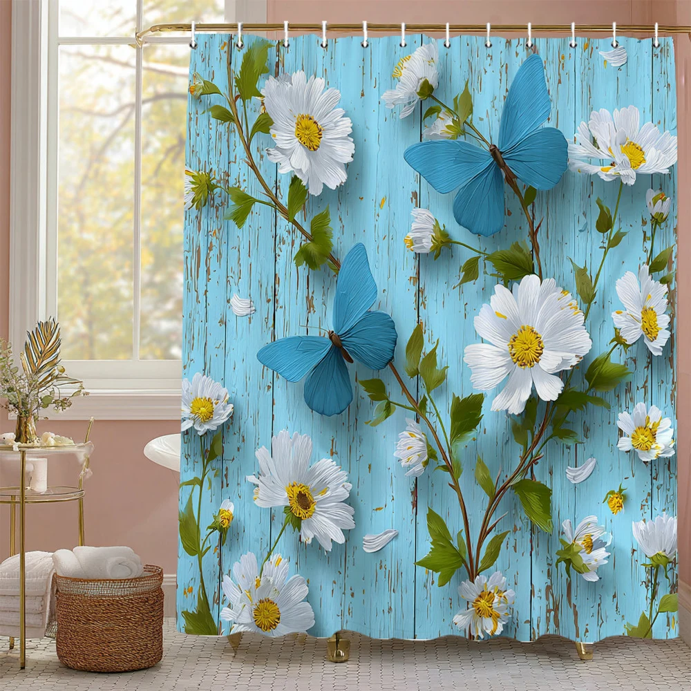 

Весенняя занавеска для душа с цветочным принтом, декоративная занавеска для душа в ванной комнате, водонепроницаемая занавеска для душа с крючками