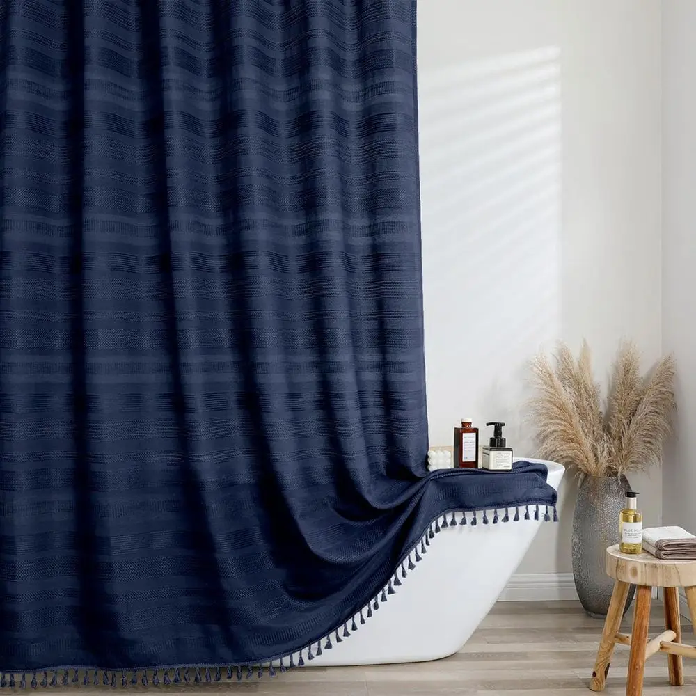 

Extra Long Navy Blue Shower Curtain 96 Inch Long, Boho Linen Textured Sot abric Heavy Duty Cloth Bathroom Shower Curtain with Ta