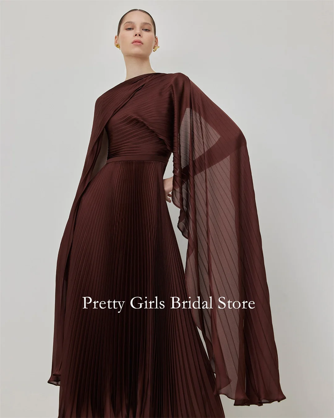 

2024 Arabic Morden Style Modest Vintage Brown Evening Dresses Pleated Chiffon Fashion Formal Prom Growns Party Women Bride