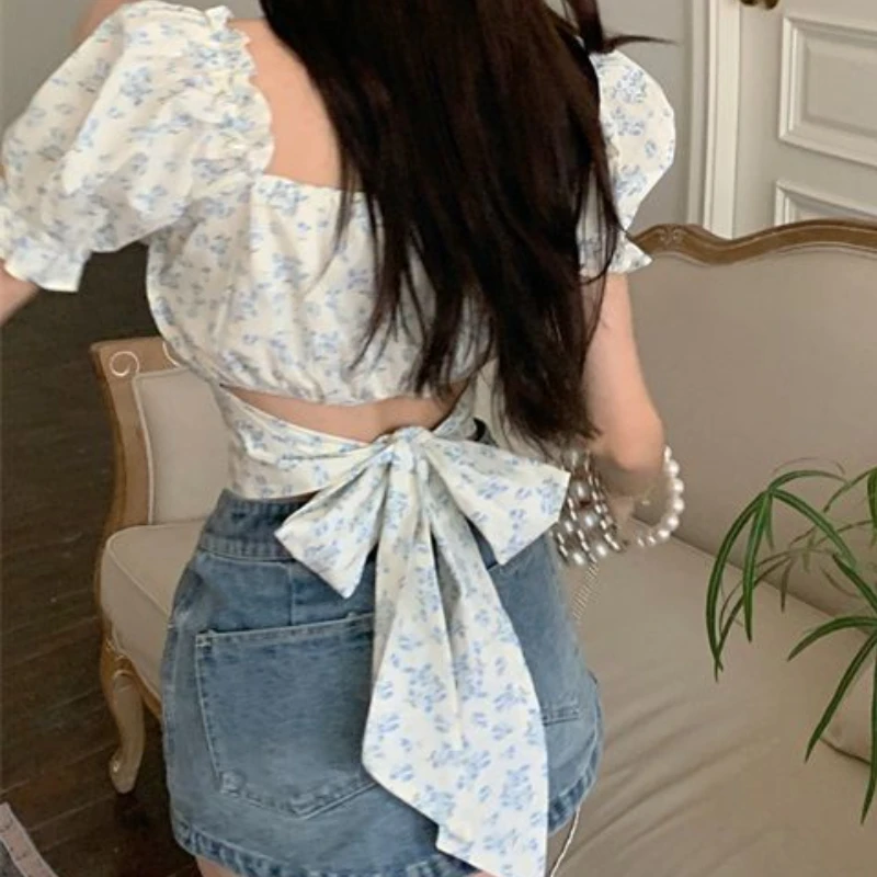 Floral Blouses Women Bandage Puff Sleeve Hotsweet Square Collar Crop Tops Fashion Summer Slim Streetwear Ulzzang Students Simple