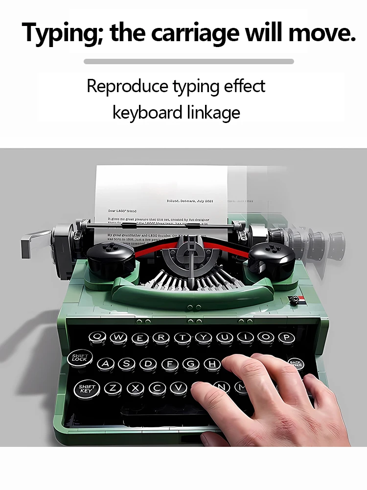 

Building block toys; Vintage typewriter; Simulation typing; Integrated linkage; Key rebound; Assembling toys.