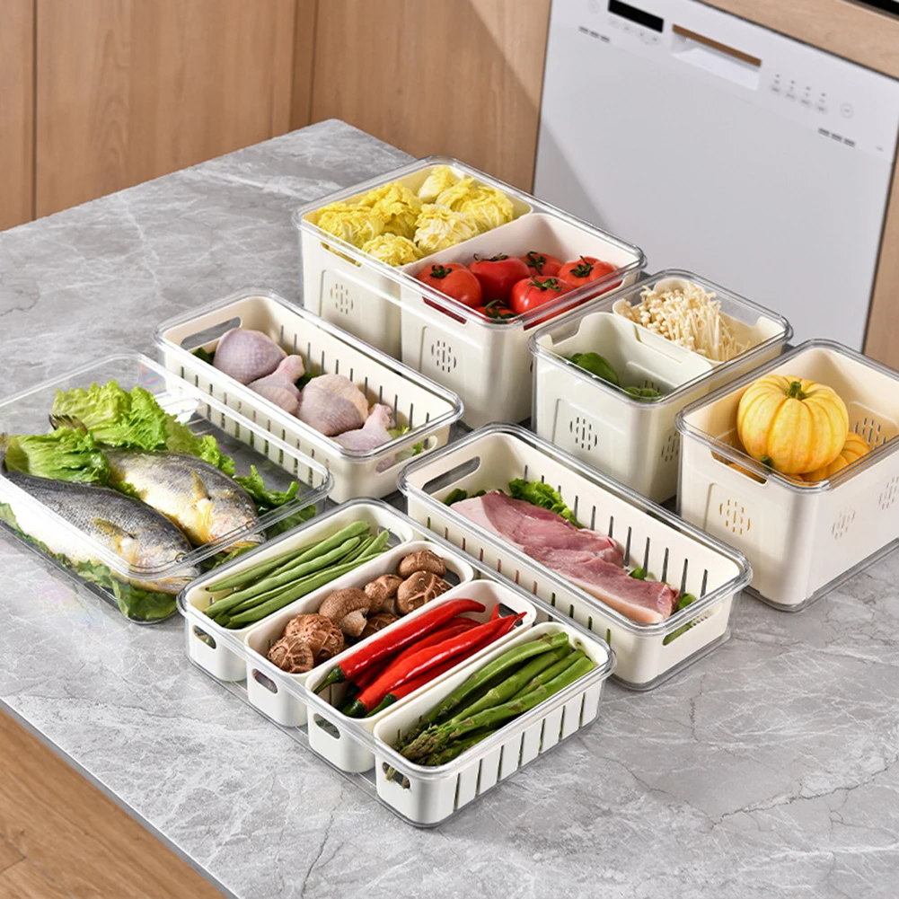 Food Fridge Organizer With 4 Compartments Removable Containers PET Stackable Refrigerator Organizer Bins For Fruit Vegetables