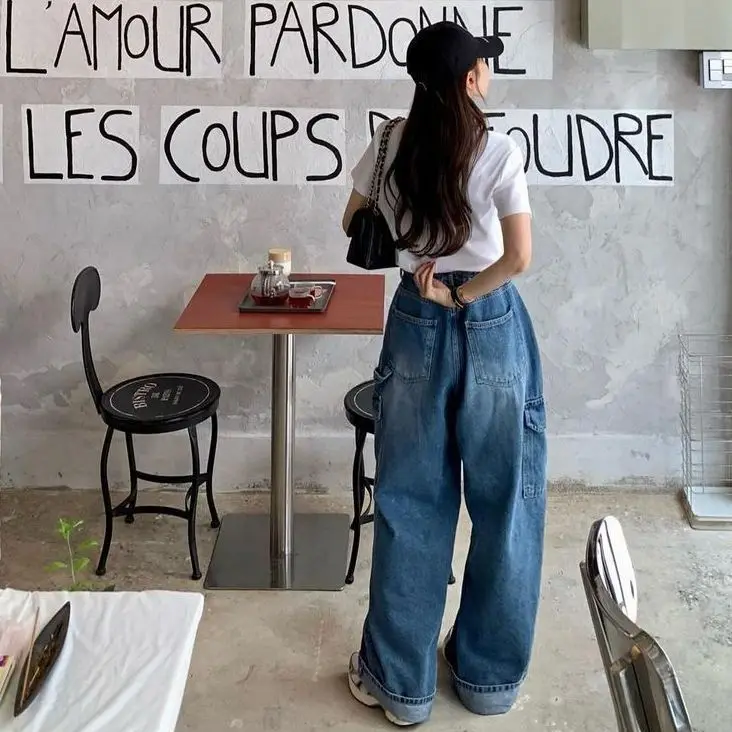 Women Jeans 2026 New Spring Women Denim Wide Leg Pants Drawstring Big Pocket Neutral Loose Casual Cargo Trousers 4