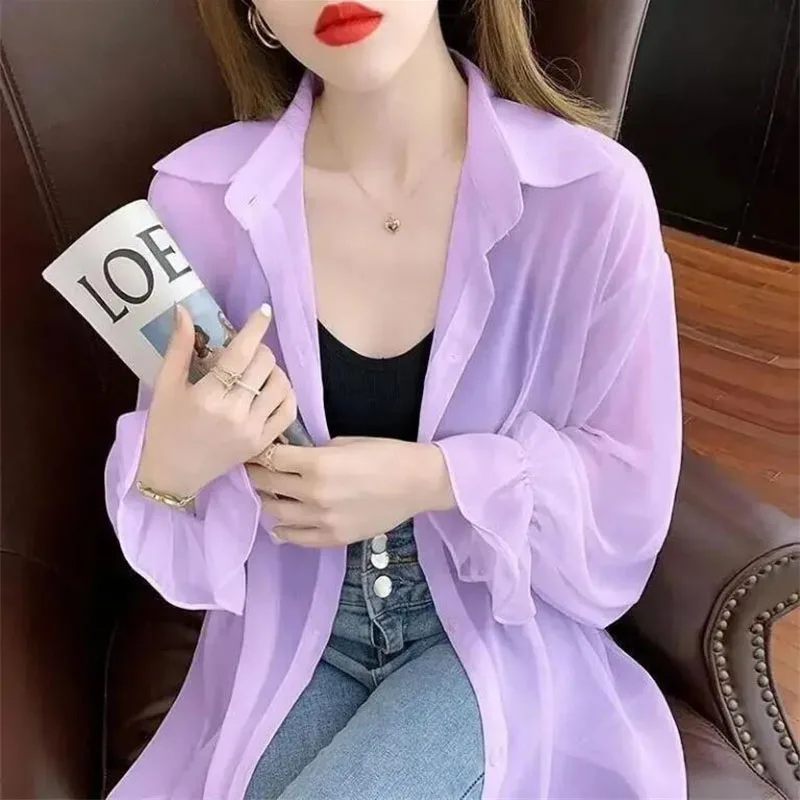 Green Red White Summer Shirt Female 2024 New Sunscreen Shirt Blouse Loose Long-Sleeved Thin Chiffon Shirt Coat Sunscreen Clothin