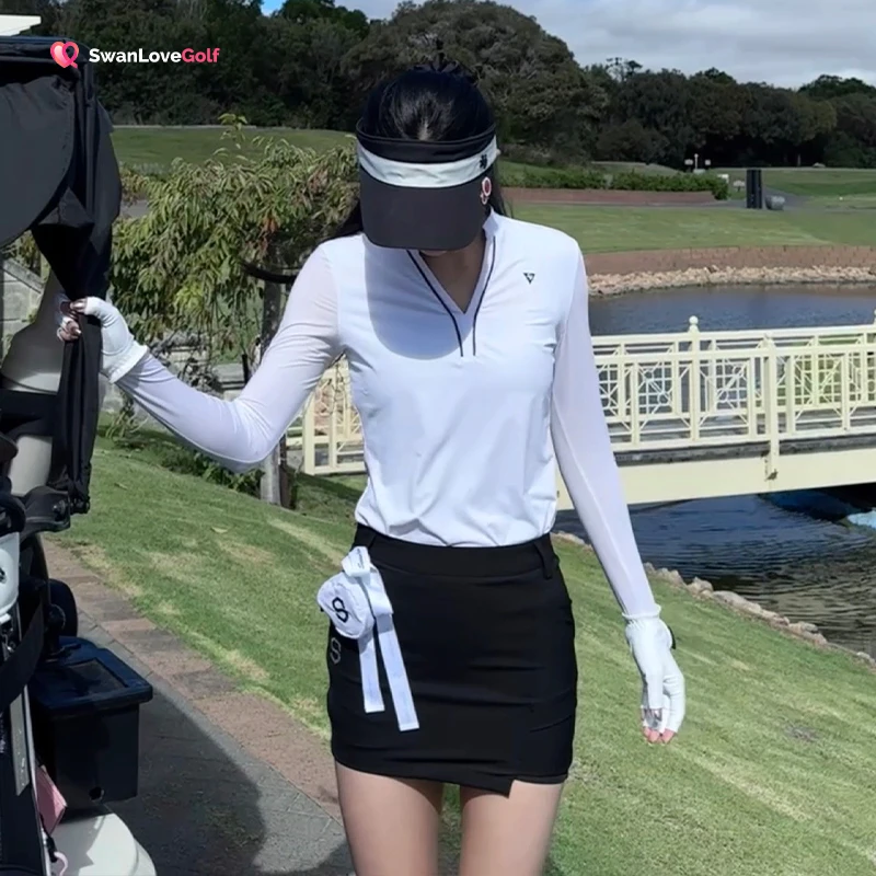 SG Golf Clothing for Women Ice Silk Thin Long-sleeved Shirts V-neck Cooling Shirts Lace Bow Pleated Skirt Lady Golf Skorts Suit