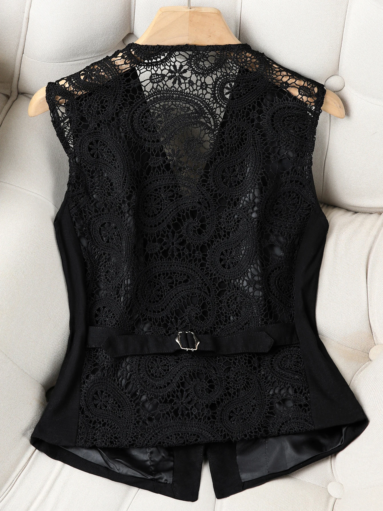 

Women's Elegant Lace Back Suit Vest, Sleeveless V-Neck Button Down Waistcoat, Tailored Fit for Office and Dressy Occasions