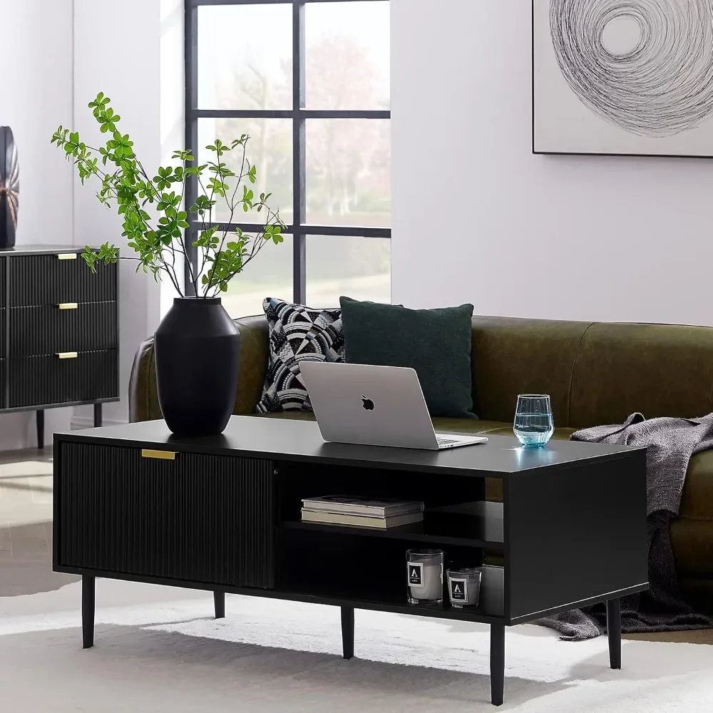 

Modern Center Table for Living Room, Cocktail Table w/Waveform Panel Sliding Door, Large Storage Space,Rectangular Coffee Tables