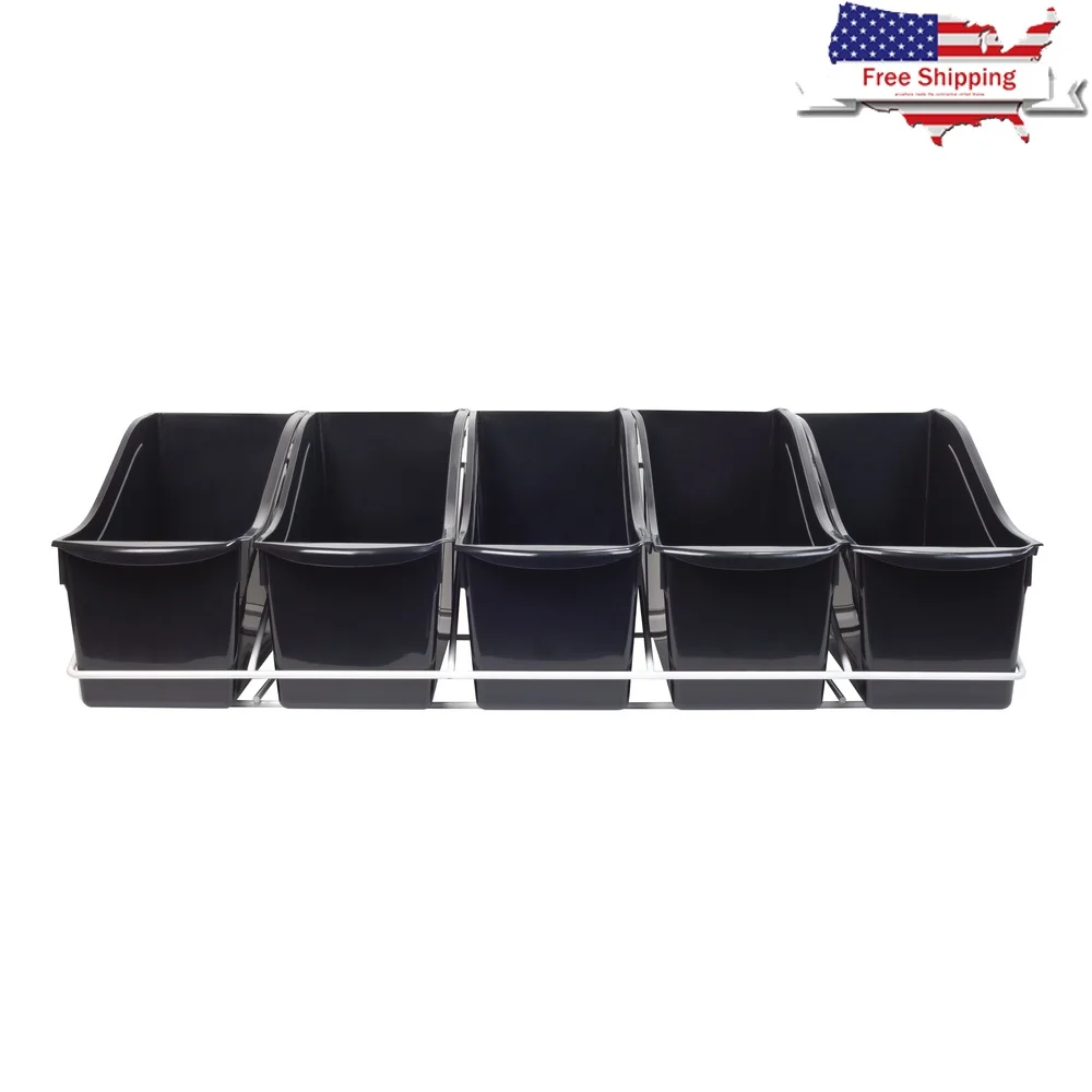 

Set of 5 Interlocking Plastic Book Bins with Wall Mount Rack Organizing Books Magazines Home Office Storage Solution