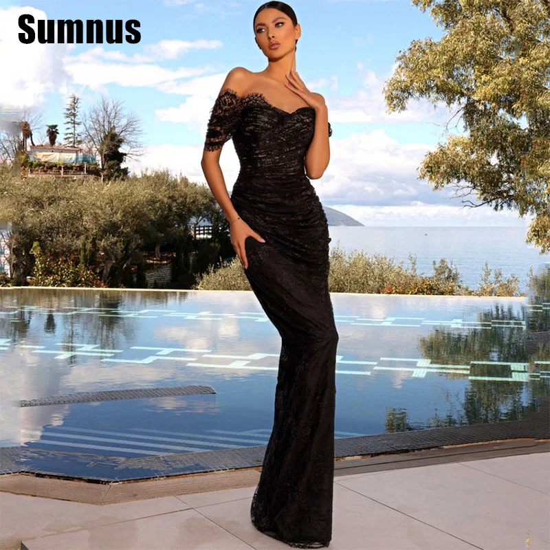 Sumnus สีดํา Mermaid Lace Prom Dresses Elegant Off ไหล่เซ็กซี่ชุดราตรียาว Backless Gowns อย่างเป็นทางการที่กําหนดเอง