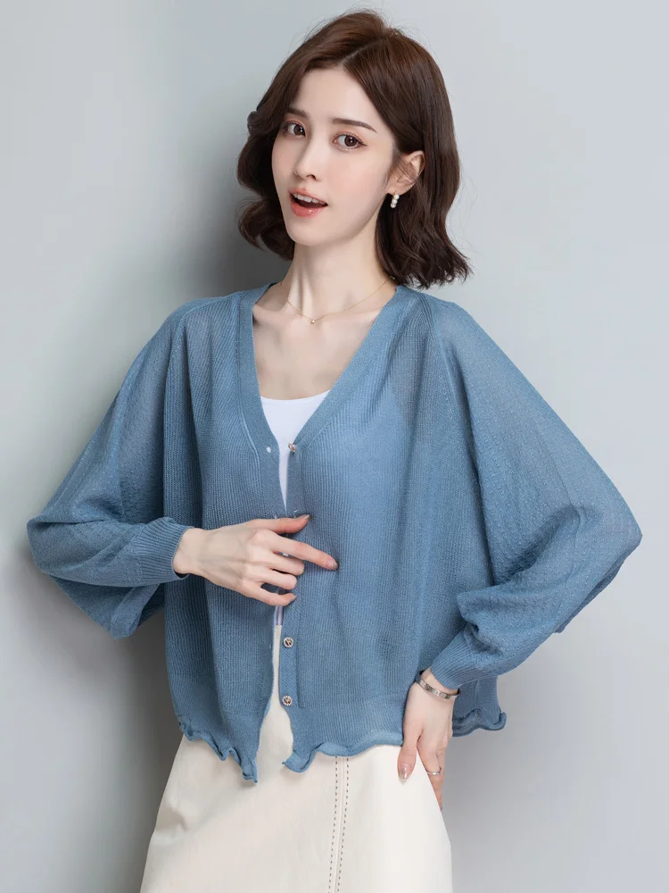 

High Quality Small Jacket, Women's Ice Silk Shawl, Top Up, Summer Thin, Oversized Knitted Bat Sweater, Cardigan